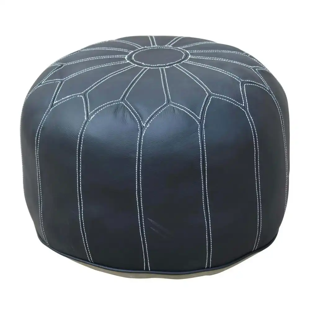 Pouffe Industrial Vintage Leather Round Foot Stool Ottoman Black