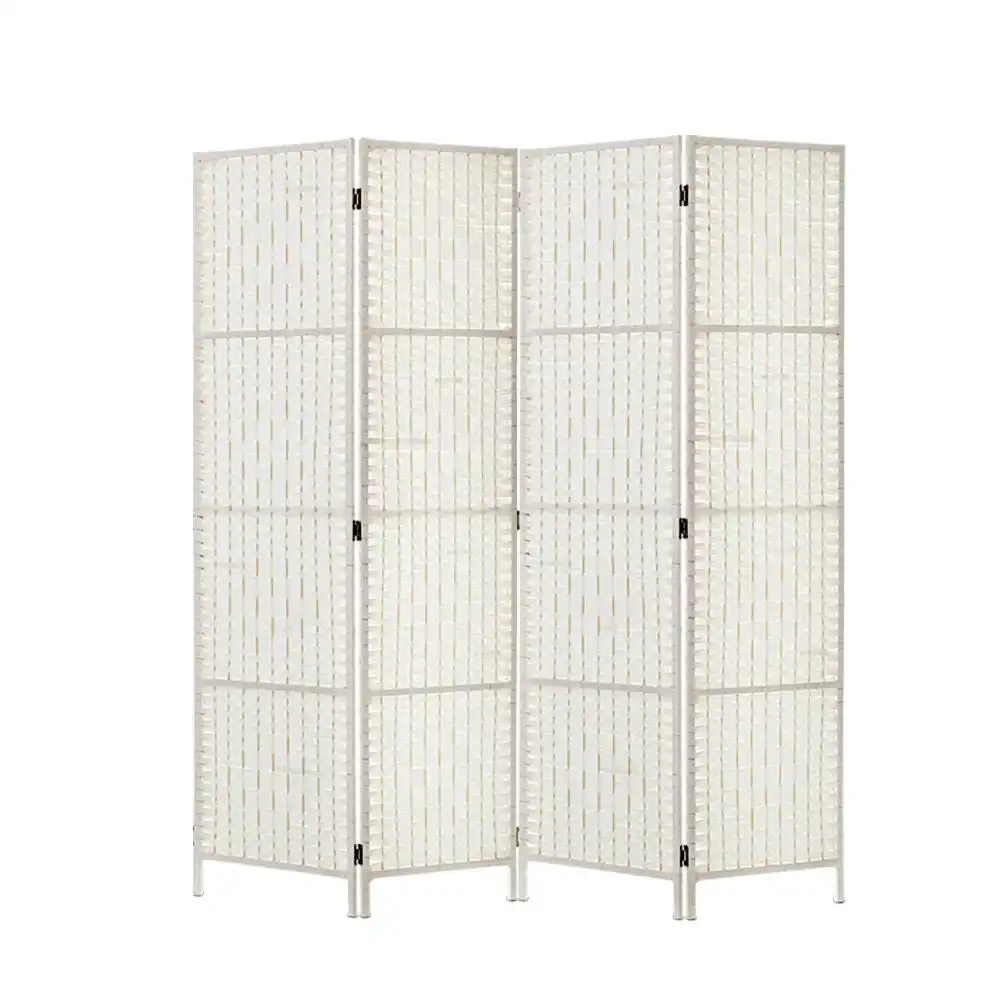 4 Panels Room Divider Screen Privacy Rattan Timber Fold Woven Stand White