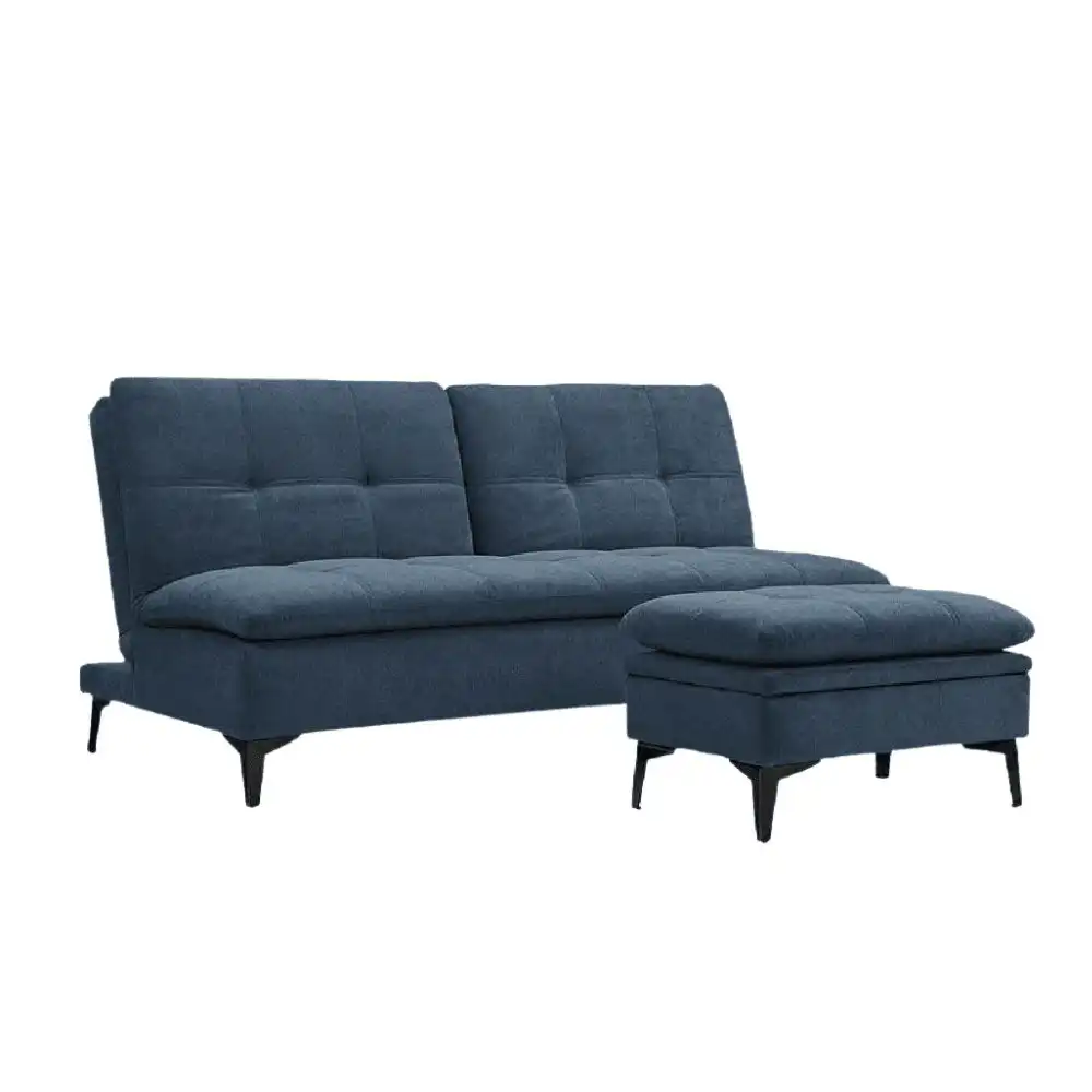 Design Square Designer 3-Seater Fabric Sofa Bed Wooden Legs W/ Ottoman - Blue