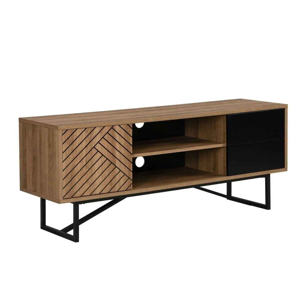 Design Square Evie Lowline Entertainment Unit TV Stand 140cm W/ 1-Door 2-Drawers - Patt Oak/Black