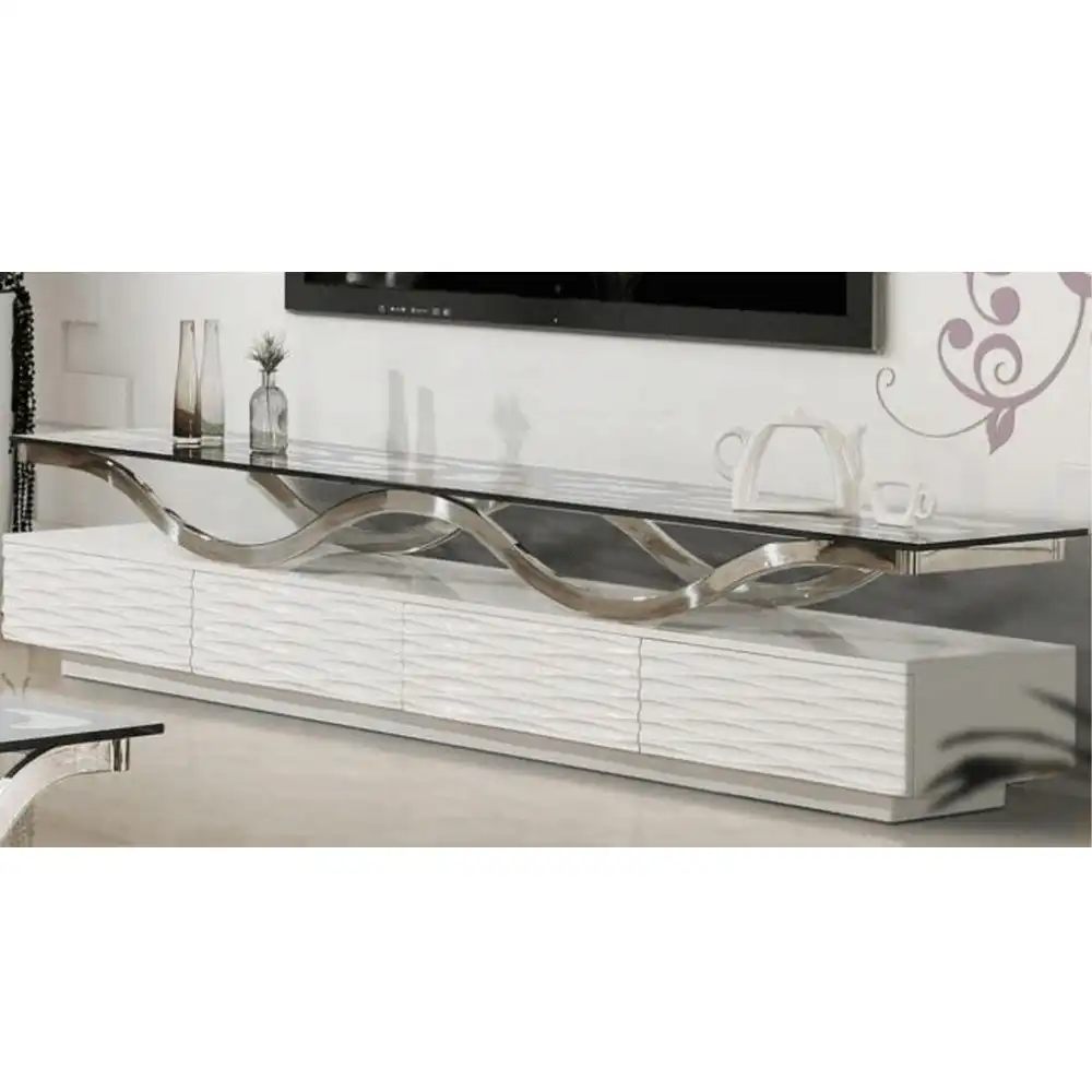 Our Home Marie Luxury Lowline Tempered Glass Wooden TV Stand Entertainment Unit 200cm - White