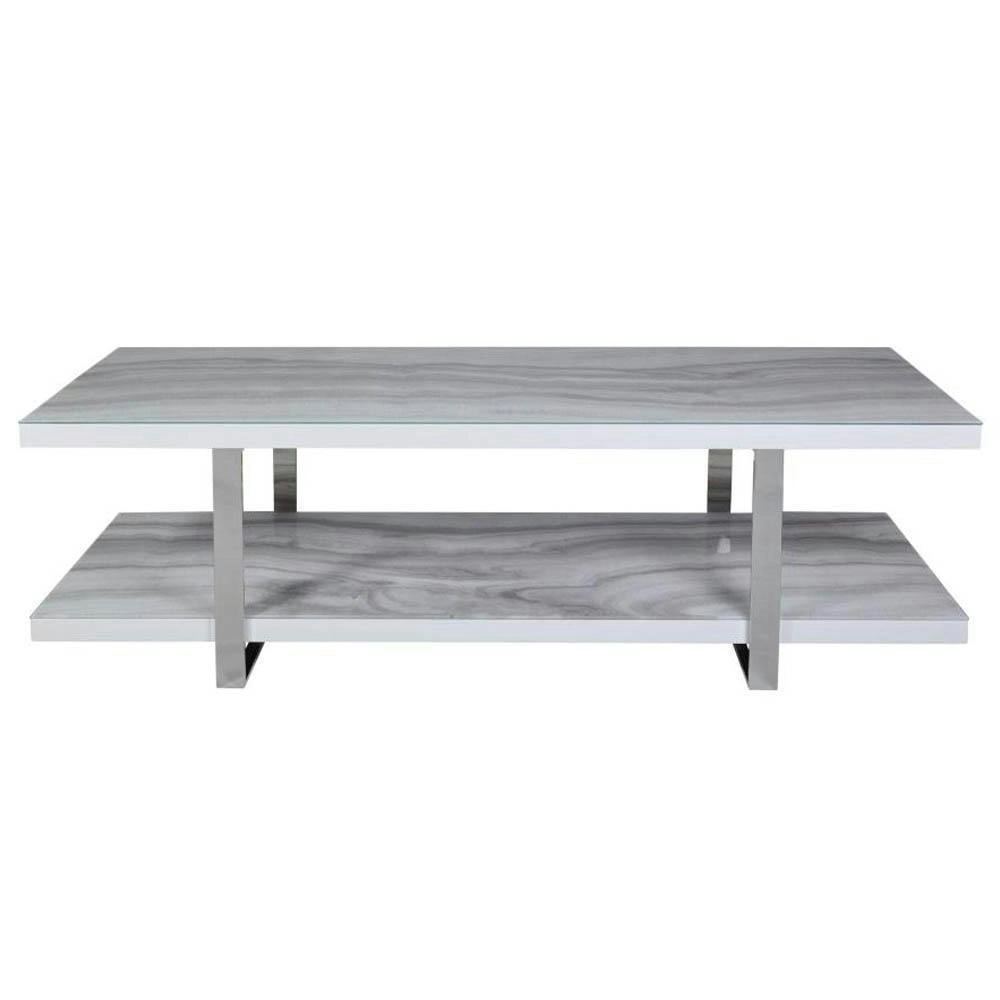 Raimon Furniture Lucas TV Stand Cabinet Entertainment Unit - Chrome Frame - Tempered Glass Top - Calacatta Marble