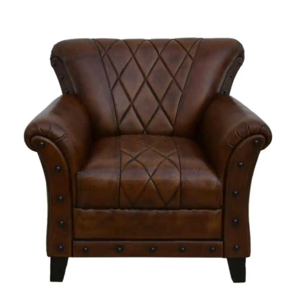 Studded Leather ArmChair Accent Relaxing Chair - Brown