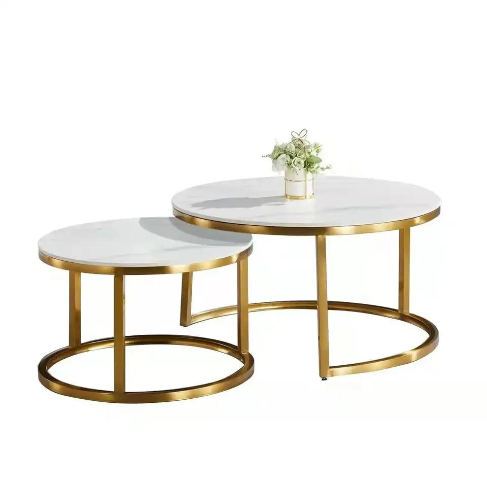 Our Home Emery Round Nesting Sintered Stone Coffee Table - White & Gold