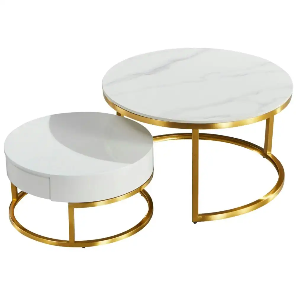 Our Home Carissa Round Nesting Sintered Stone Coffee Table - White & Gold