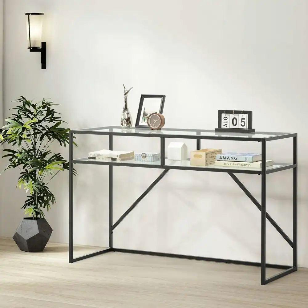 Design Square Diego Tempered Glass Console Hall Table Metal Frame - Black