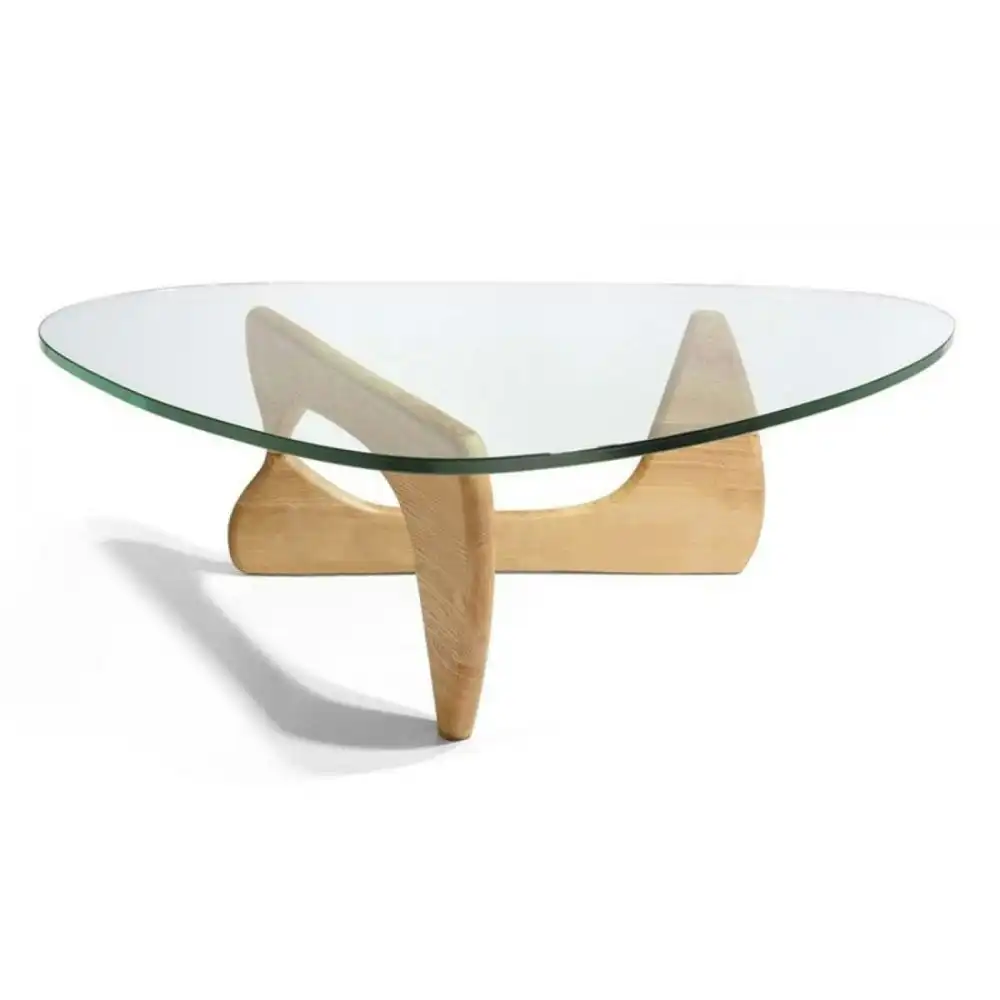 Isamu Noguchi Replica Wooden Base Glass Top Coffee Table - Natural