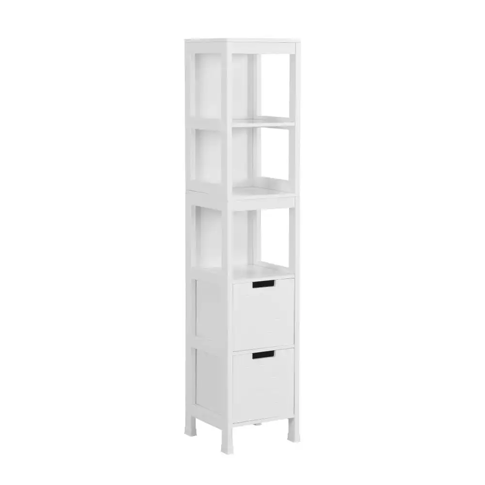 Design Square Mila Bathroom Tower Storage Cabinet W/ 3-Shelves 2-Drawers - White