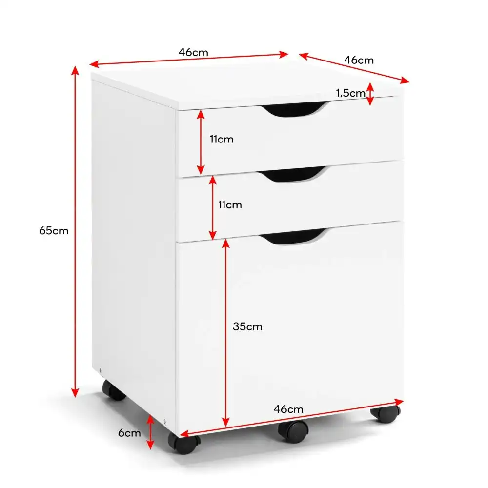 Design Square Marias Mobile Pedestal Filing Cabinet Storage Cabinet W/ 3-Drawers - White