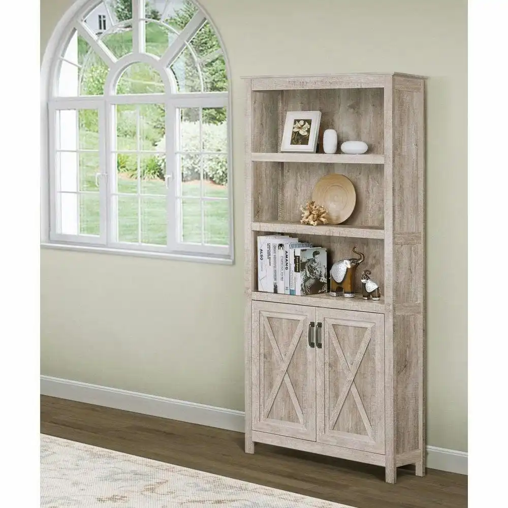 Maestro Furniture Rosen 5-Tier Bookcase Display Shelf Storage Cabinet W/ Doors - Washed Grey