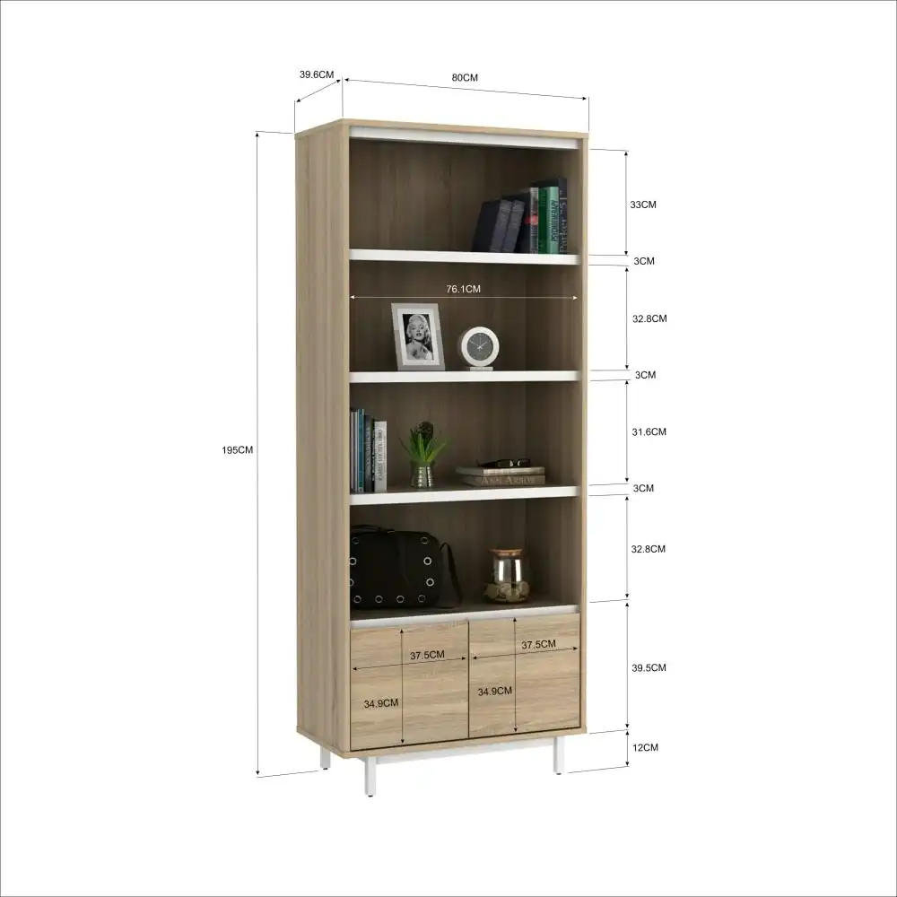 Rachel 4-Tier Bookcase Display Shelf Storage Cabinet W/ 2-Doors Oak/White