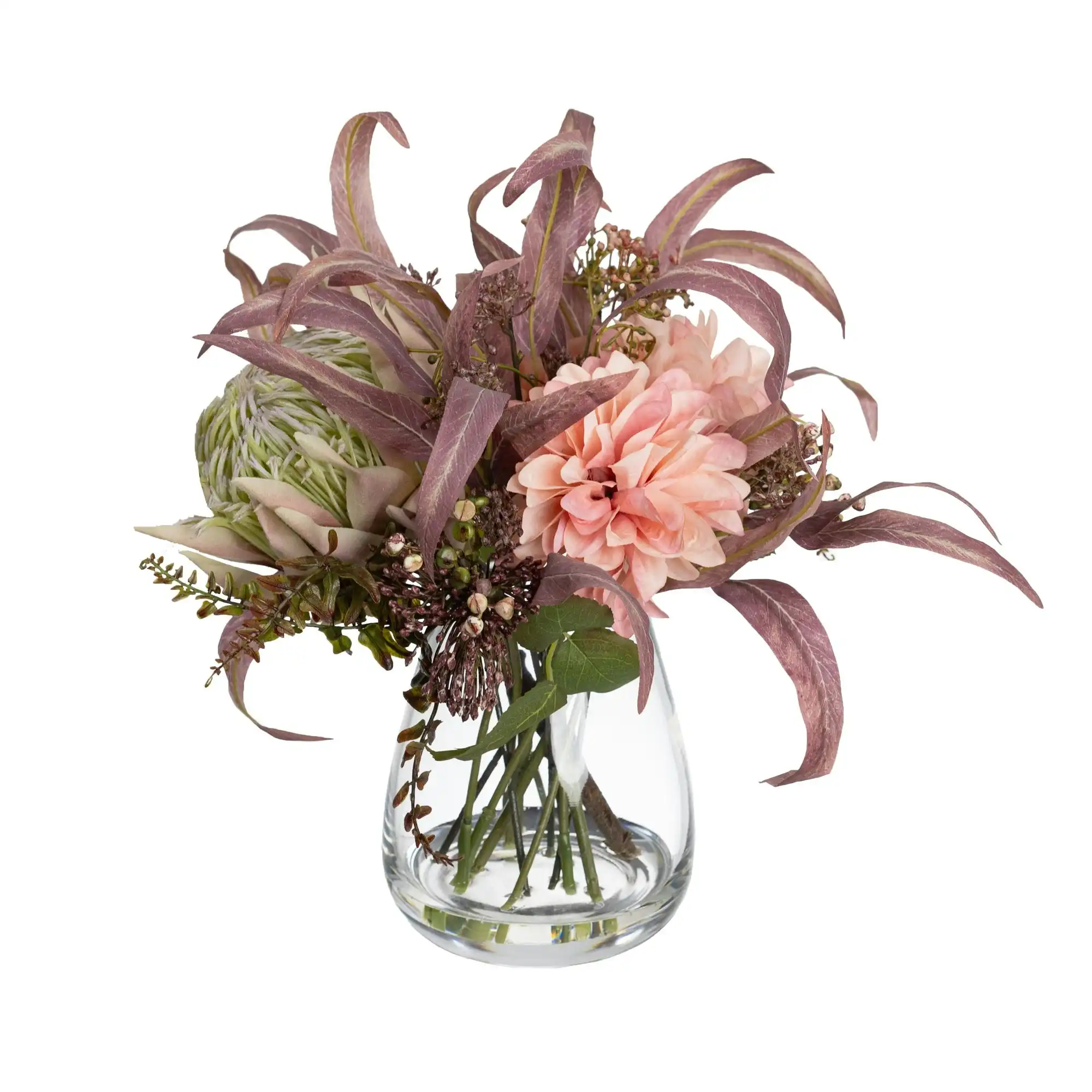 Glamorous Fusion Dusty Pink Dahlia & Protea Mixed Artificial Fake Plant Decorative Arrangement 39cm In Glass