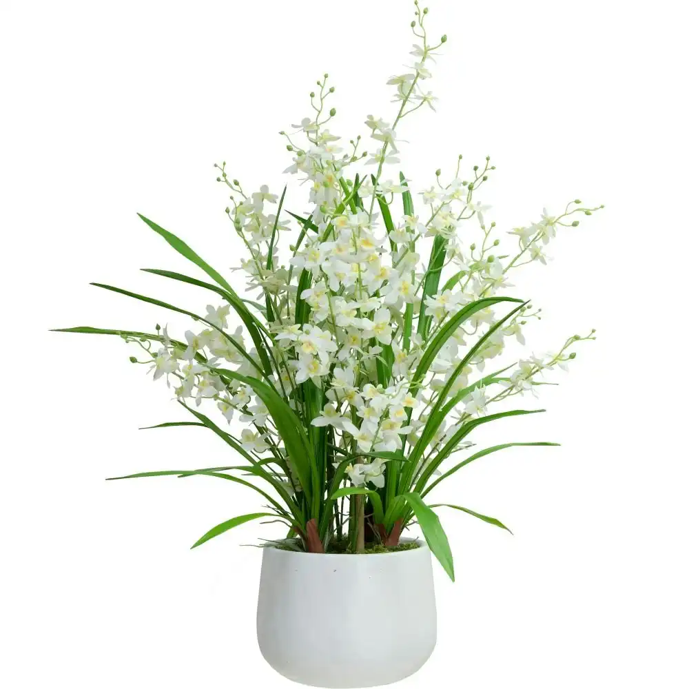 Glamorous Fusion Cream Dancing Lady Orchid Artificial Fake Plant Flower Decorative 78cm In Pot
