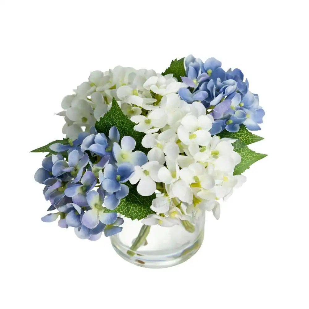 Glamorous Fusion Blue & White Hydrangea Artificial Fake Plant Decorative Mixed Arragement 18cm In Glass