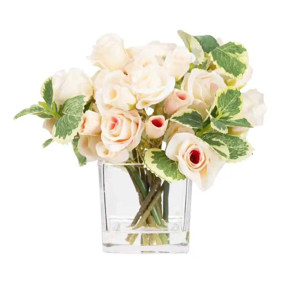 Glamorous Fusion Soft Pink Mini Rose Artificial Fake Plant Decorative Arrangement 20cm In Glass