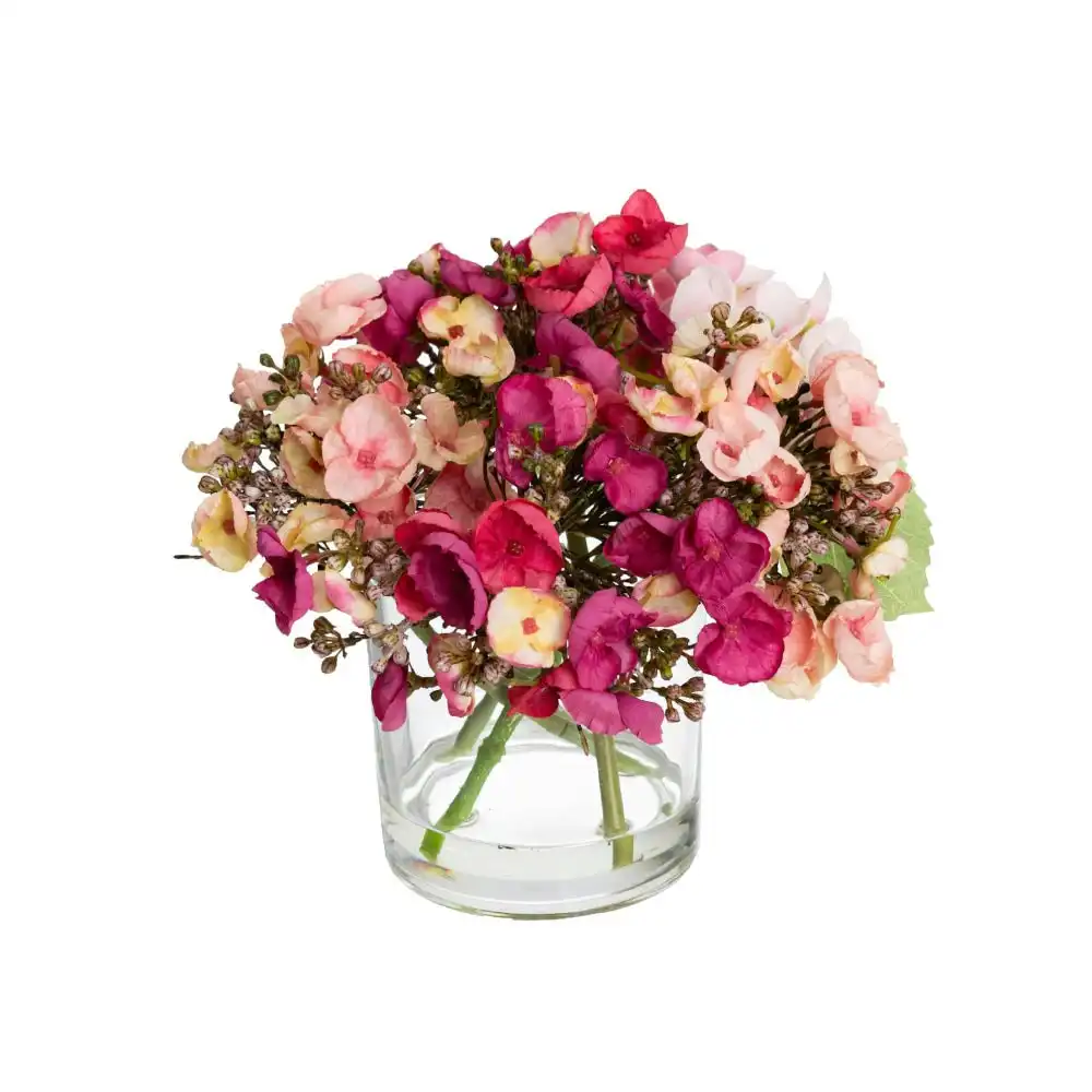 Glamorous Fusion Pink Hydrangea Artificial Fake Plant Decorative Mixed Arragement 18cm In Glass