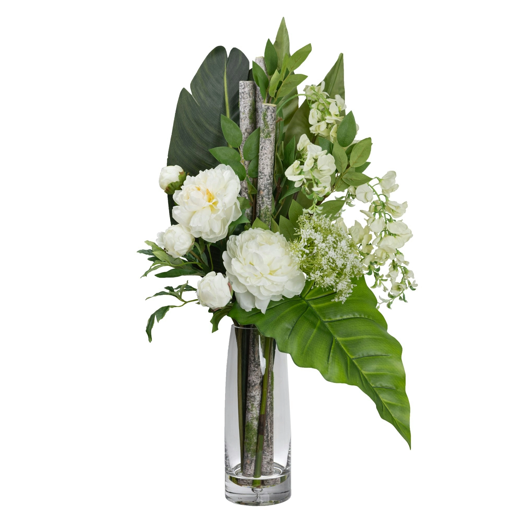 Glamorous Fusion Peony & Wisteria Artificial Plant Decorative Arrangement 80cm In Glass - White