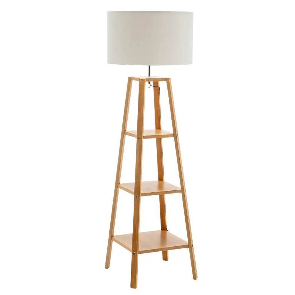 New Oriental Ren Rubberwood Floor Lamp W/ 3 Square Shelves Linen Shade - Off White/Natural