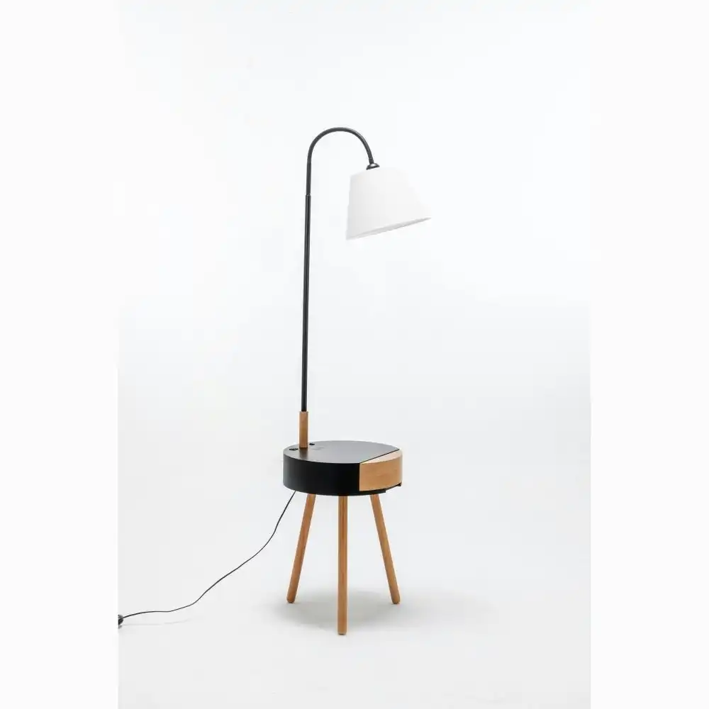 New Oriental Zoltan Rubberwood Floor Lamp On Side Table Linen Shade W/ USB Port & Wireless Charging - Off White/Black
