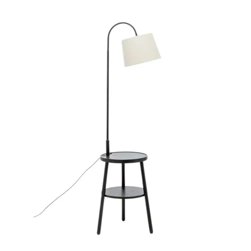 New Oriental Kamala Rubberwood 2-Round Shelves Floor Lamp Linen Shade W/ USB Port Charging - Off White/Black