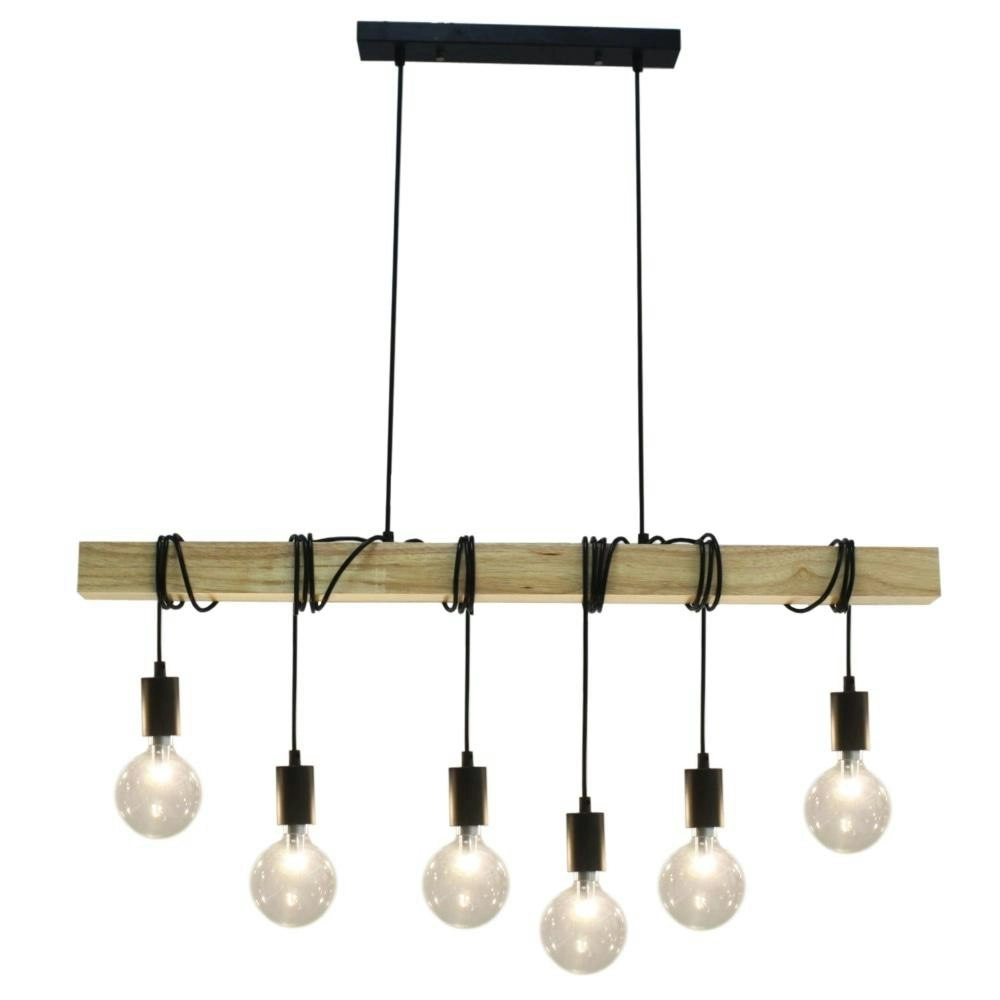 Oakley 6 Lights Industrial Wooden Hanging Pendant Lamp - Natural Timber