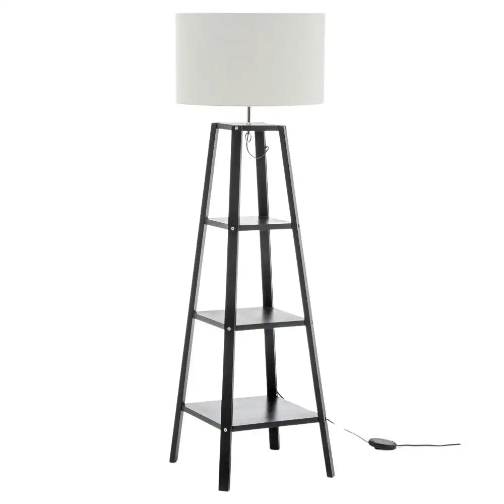 New Oriental Ren Rubberwood Floor Lamp W/ 3 Square Shelves Linen Shade - Off White/Matte Black