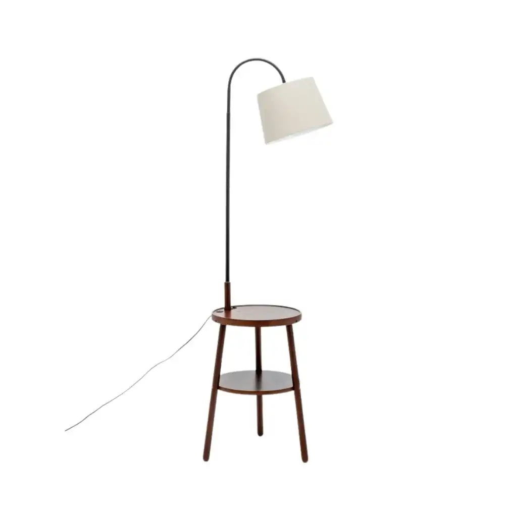 New Oriental Kamala Rubberwood 2-Round Shelves Floor Lamp Linen Shade W/ USB Port Charging - Off White/Cherry