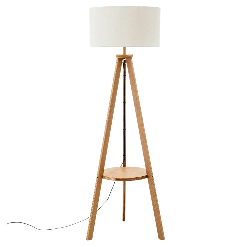 New Oriental Miya Rubberwood Tripod Floor Lamp W/ Round Shelf Linen Shade - Off White/Natural