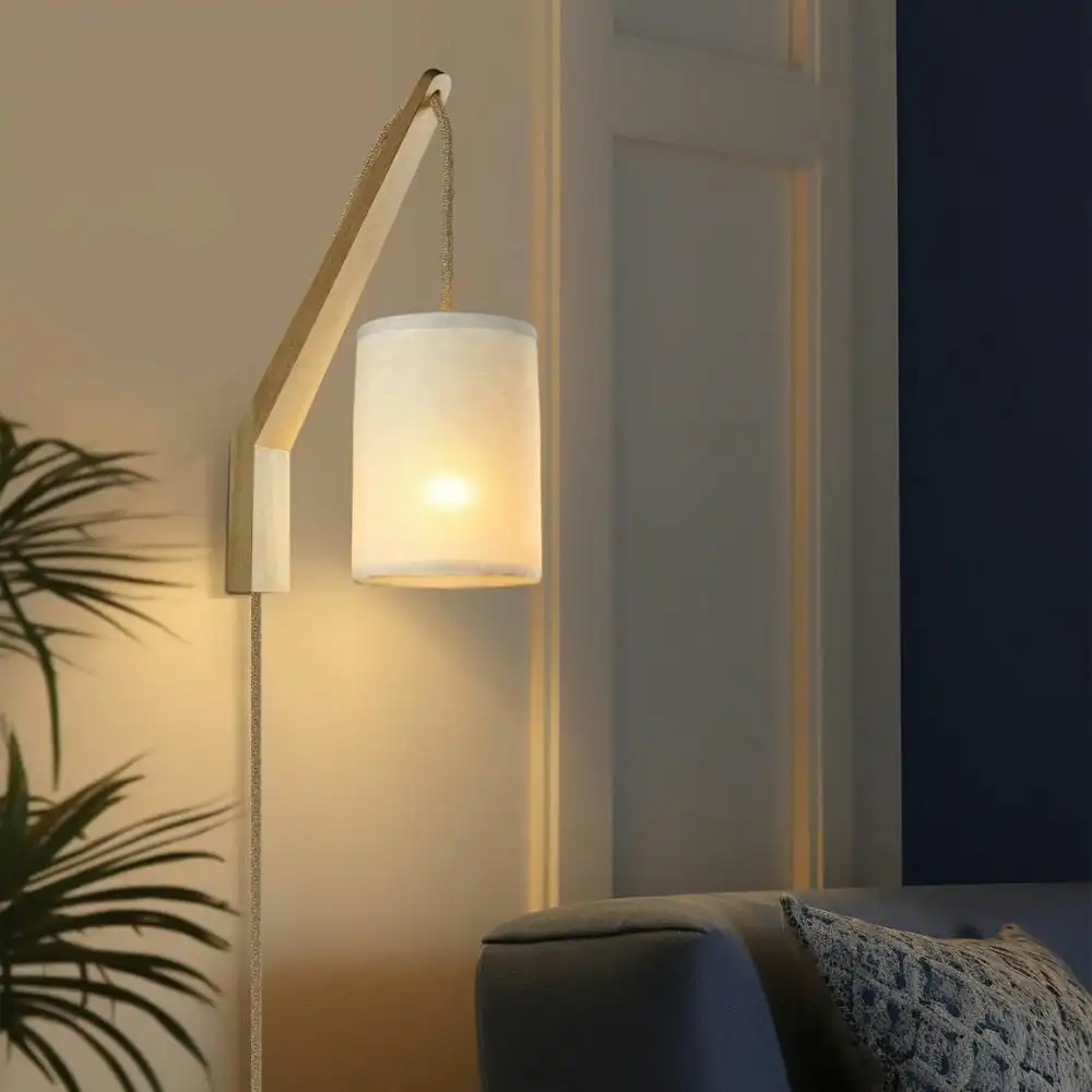 Alisa Rustic Linen Shade Wood Frame Wall Lamp Light Natural
