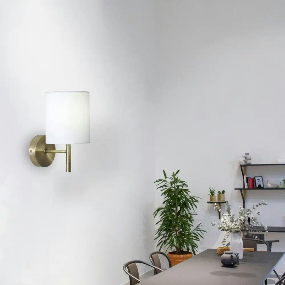 Emily Modern Linen Shade Metal Fixture Wall Lamp Light Antique Brass / White