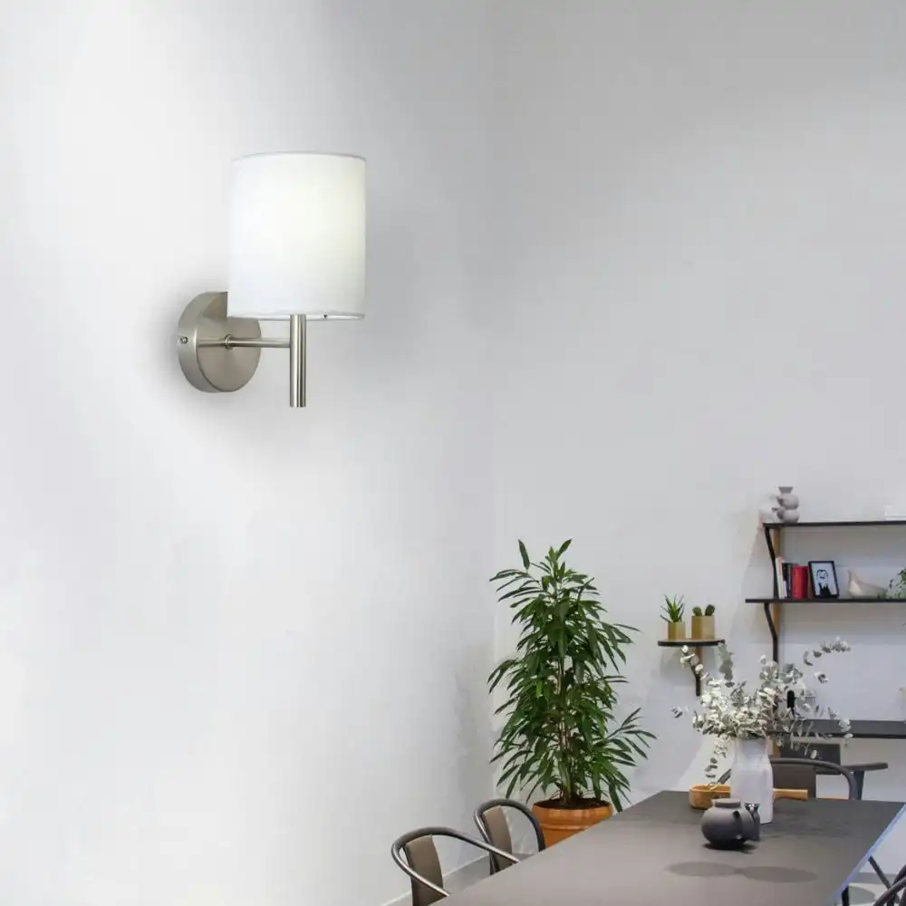 Emily Modern Linen Shade Metal Fixture Wall Lamp Light Satin Chrome / White