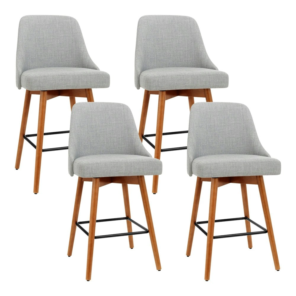 Set of 4 Wooden Fabric Bar Stools Square Footrest - Light Grey