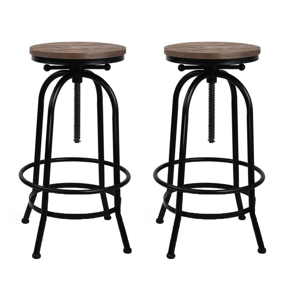 Set of 2 Bar Stool Industrial Round Seat Wood Metal - Black and Brown