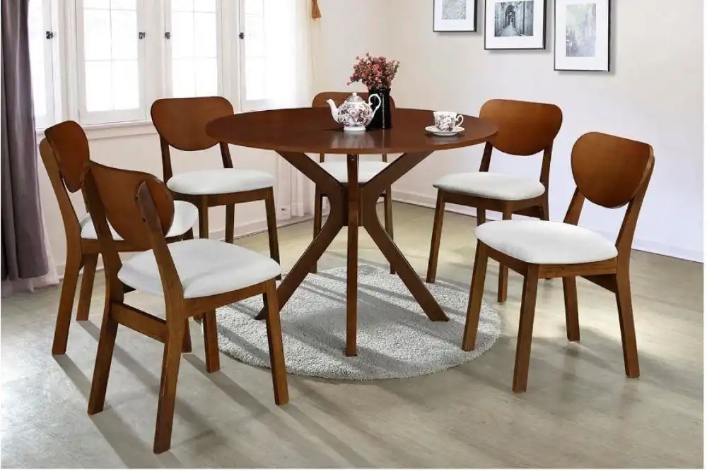 Design Square 5Pc Dining Set Round Dining Table 105cm With 4 Dining Chairs - Walnut / Beige