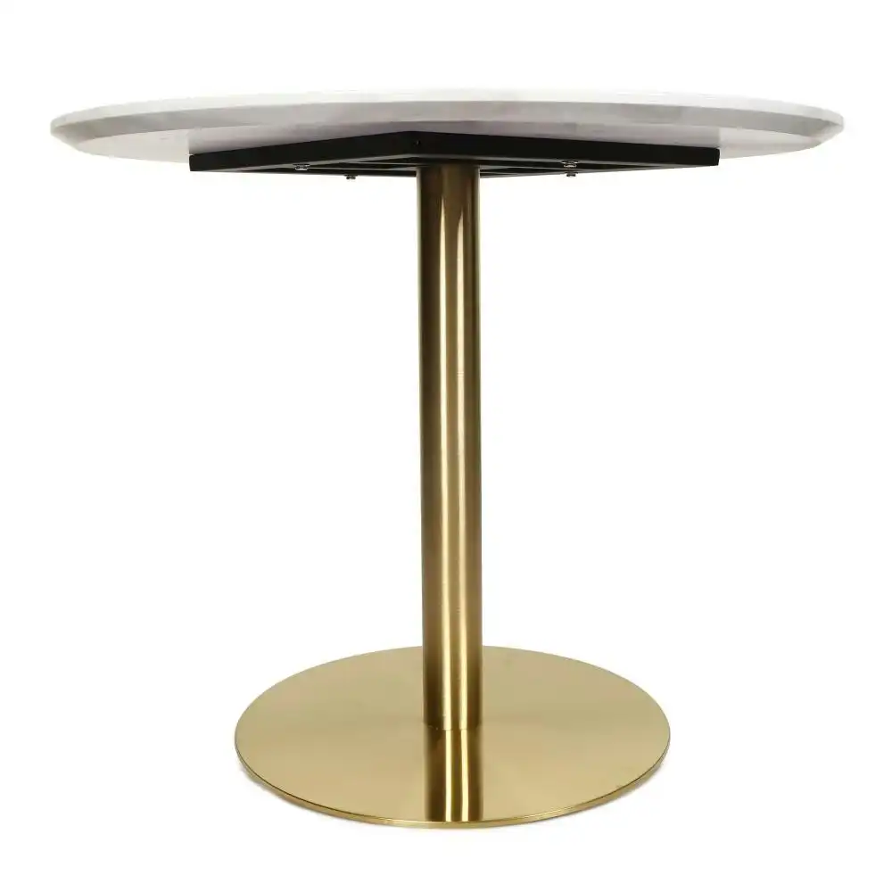 Elskar Round Dining Table With Marble Effect 90cm - Gold Metal Frame - White Agaria