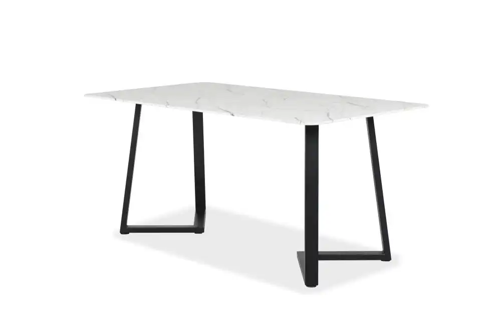 Raimon Furniture Leona Rectangular Dining Table With Marble Effect 160cm - Black Metal Frame - White Amore