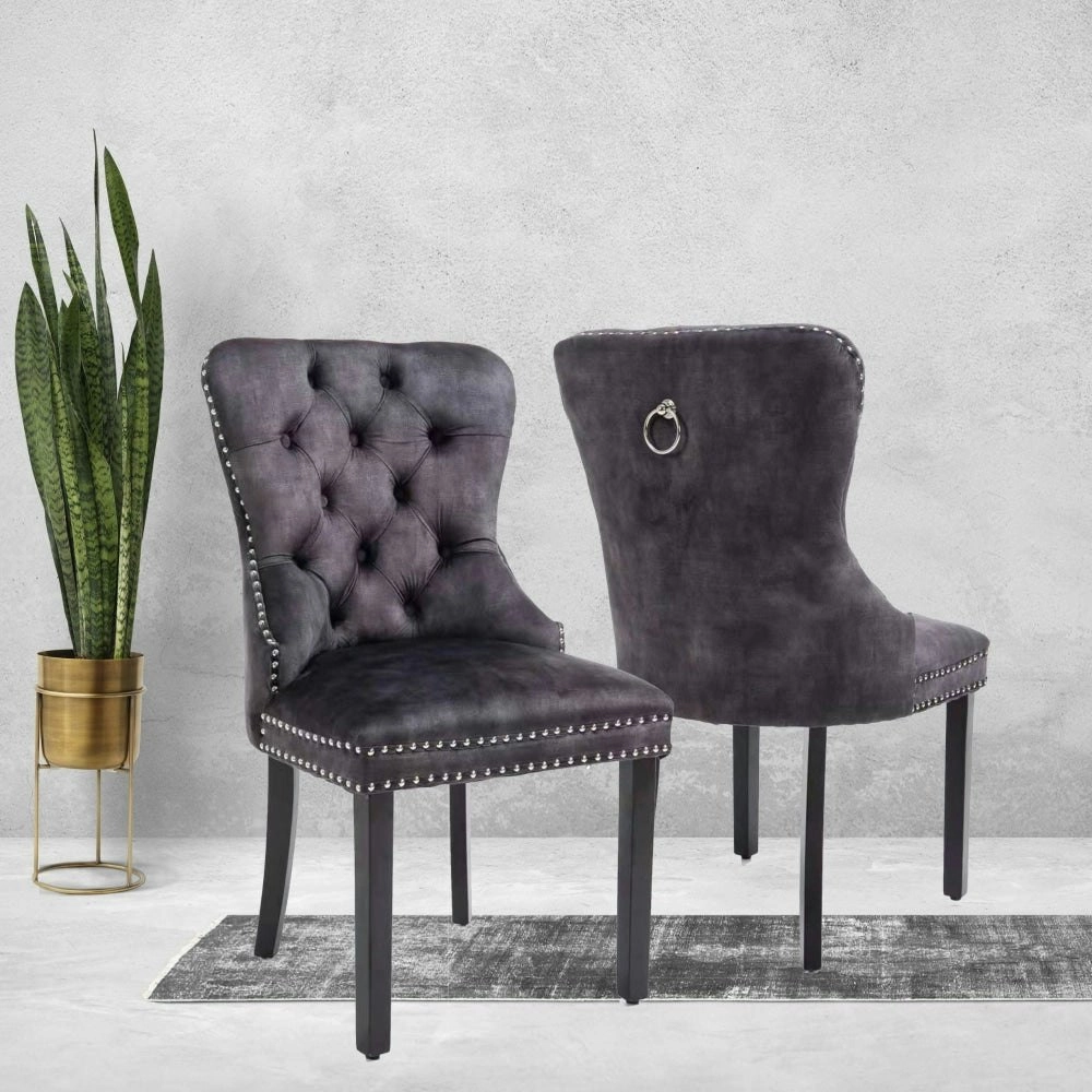 HomeStar Set Of 2 Regent Velvet Fabric Tufted Kitchen Dining Chair Solid Wood Legs - Luxe Grey