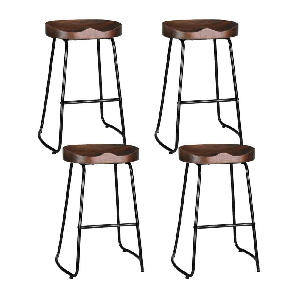 Set of 4 Elm Wood Backless Bar Stools 65cm - Black and Dark Natural