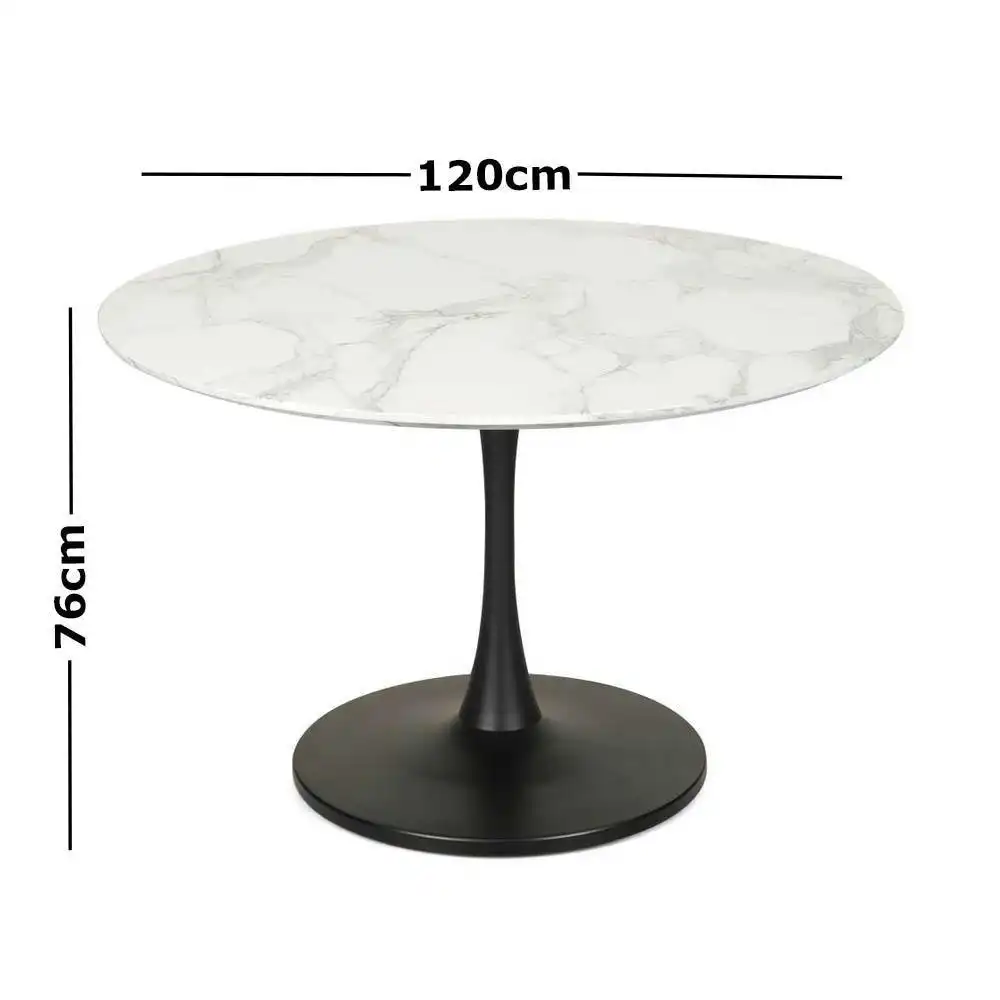 Cecil Round Dining Table Marble Effect 120cm - Matte Black Frame - White Sevella