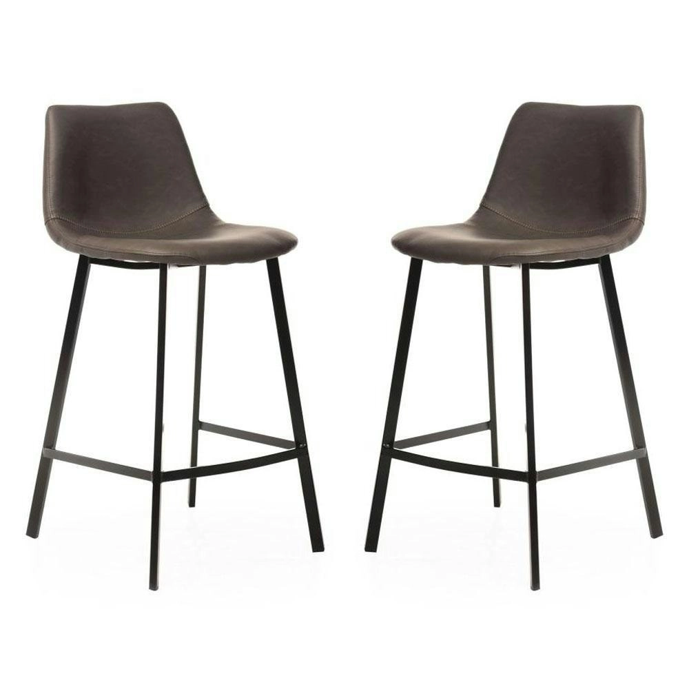 Raimon Furniture Set of 2 Gordon Faux Leather Bar Stool 66cm - Black Metal Legs - Antique Grey