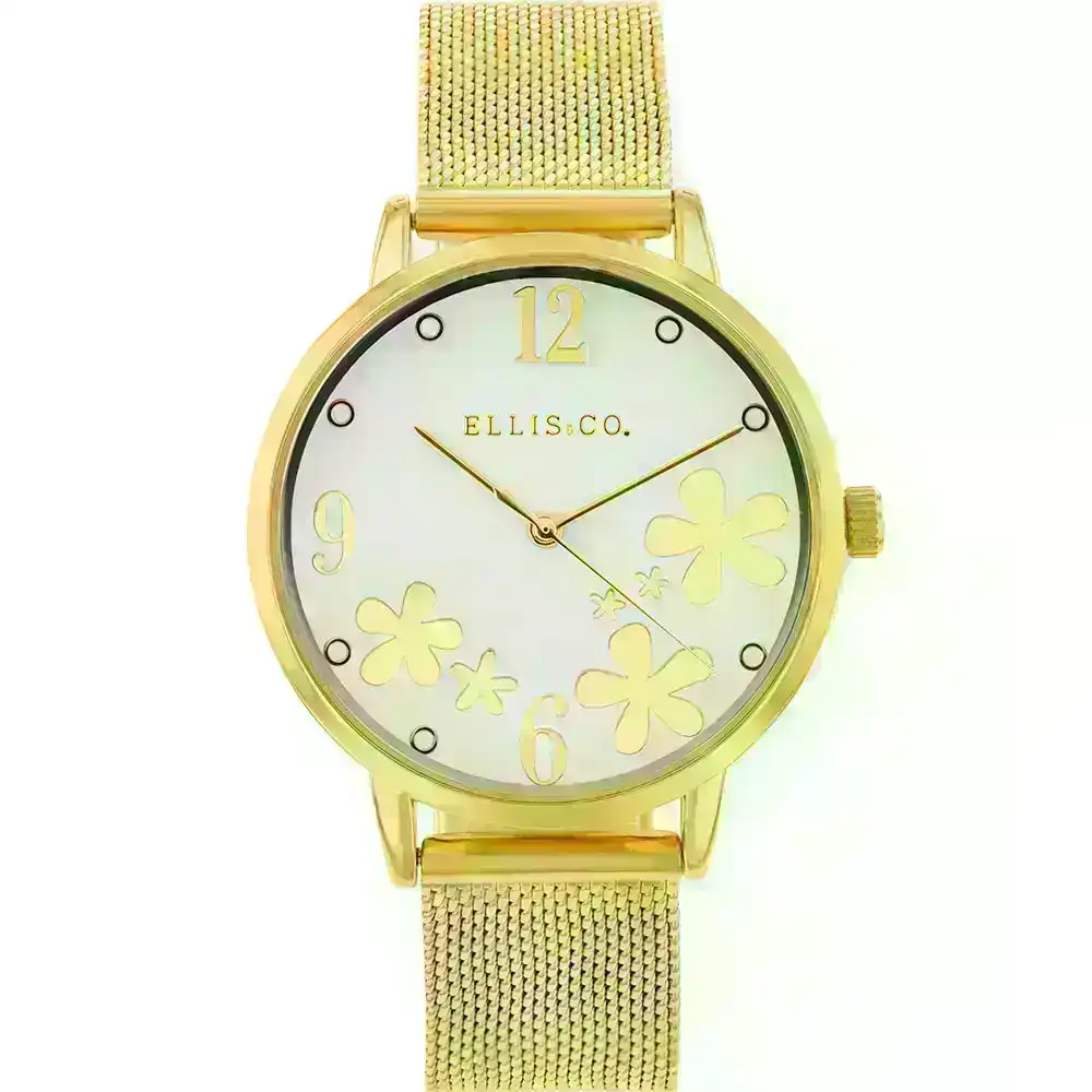 Ellis & Co 'Bloom' Gold Tone Stainless Steel Mesh Womens Watch