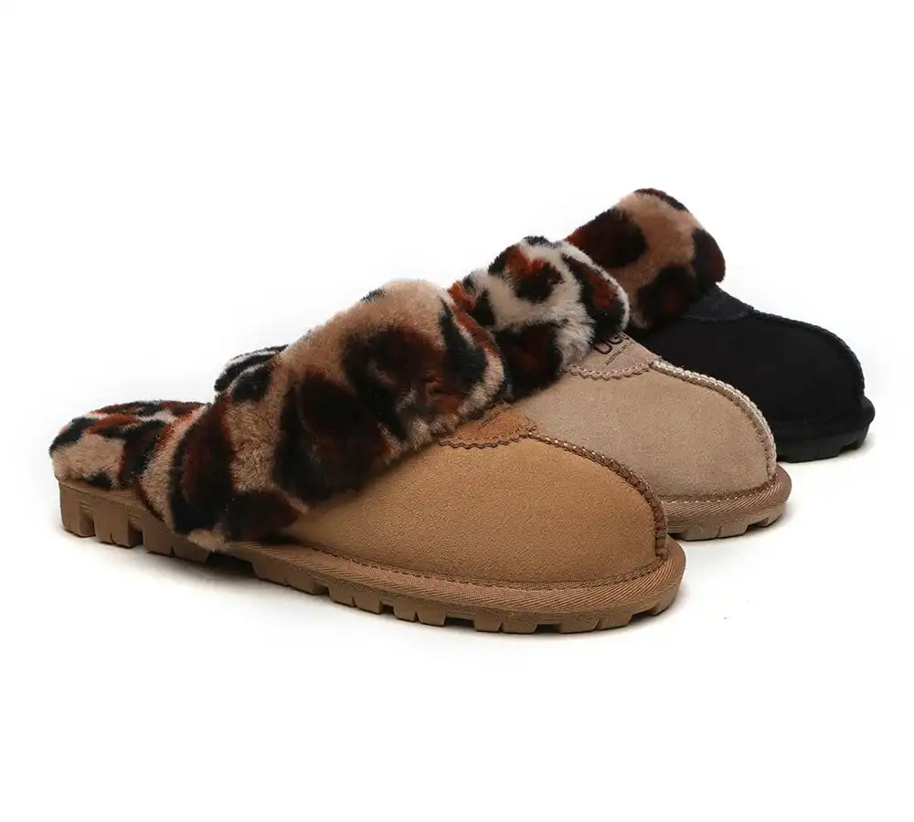 UGG Slippers Double Face Sheepskin Women Leopard Print Slipper