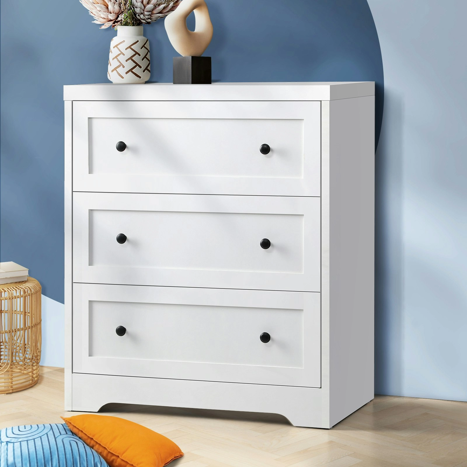 Oikiture 3 Chest of Drawers Tallboy Hamptons White