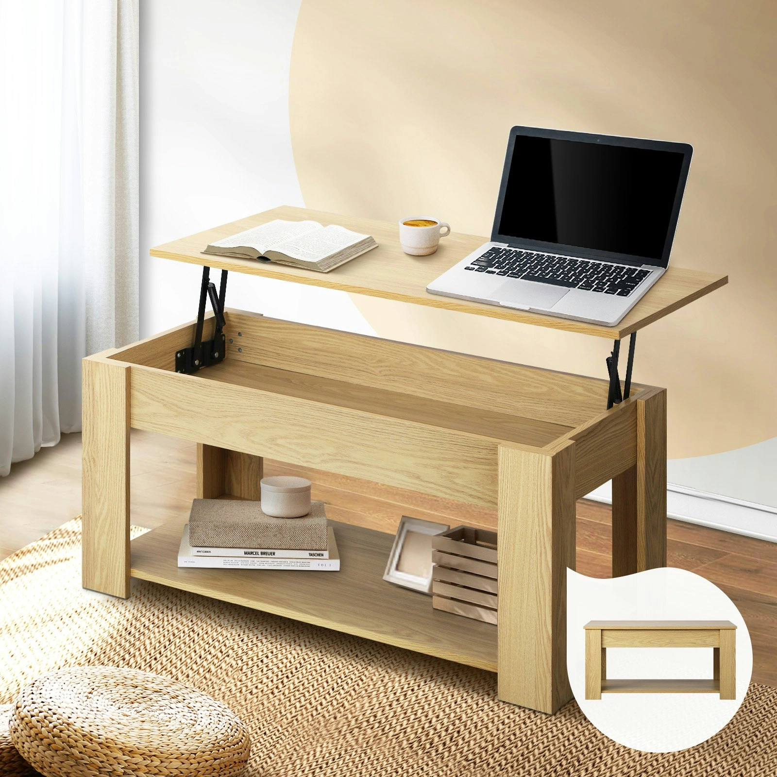 Oikiture Coffee Table Lift Up Top Modern Tables Hidden Book Storage Natural