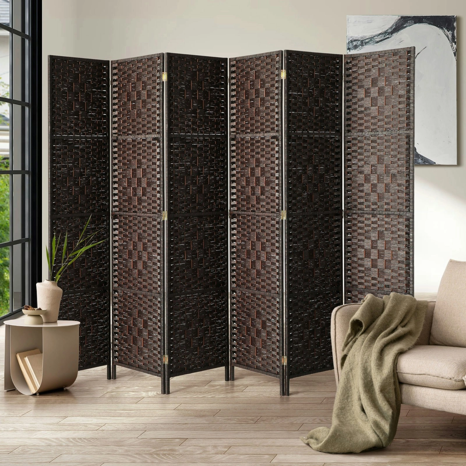 Oikiture 6 Panel Room Divider Screen Privacy Dividers Woven Wood Folding Brown