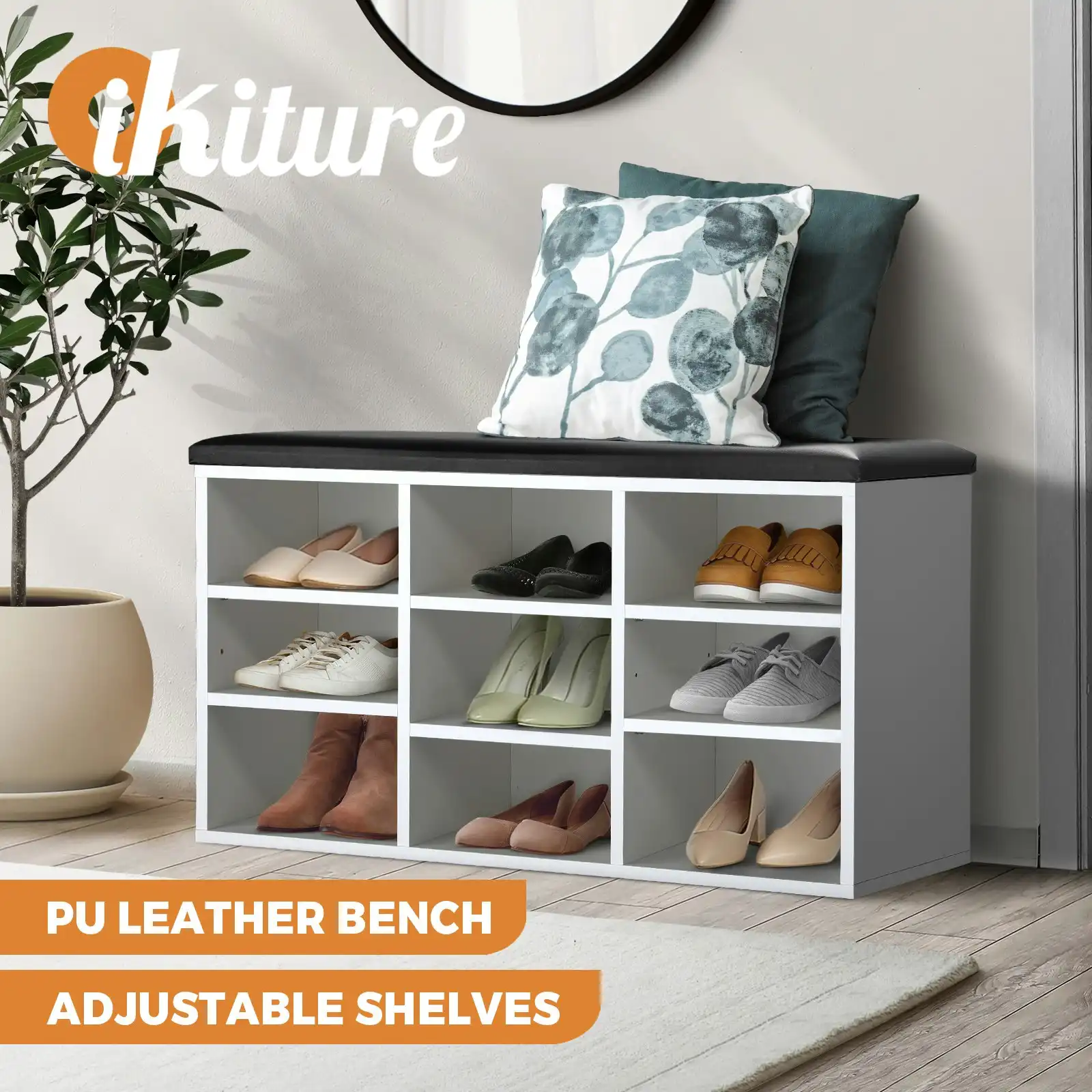 Oikiture Shoe Cabinet Bench Organiser Shoe Rack Storage PU Padded Seat Shelf