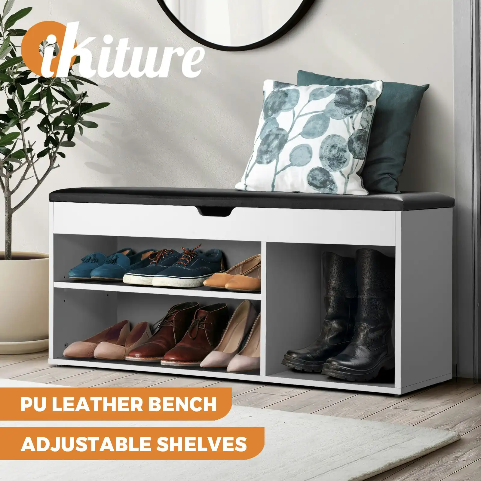 Oikiture Shoe Cabinet Bench Shoe Storage Rack PU Padded Seat Organiser Shelf