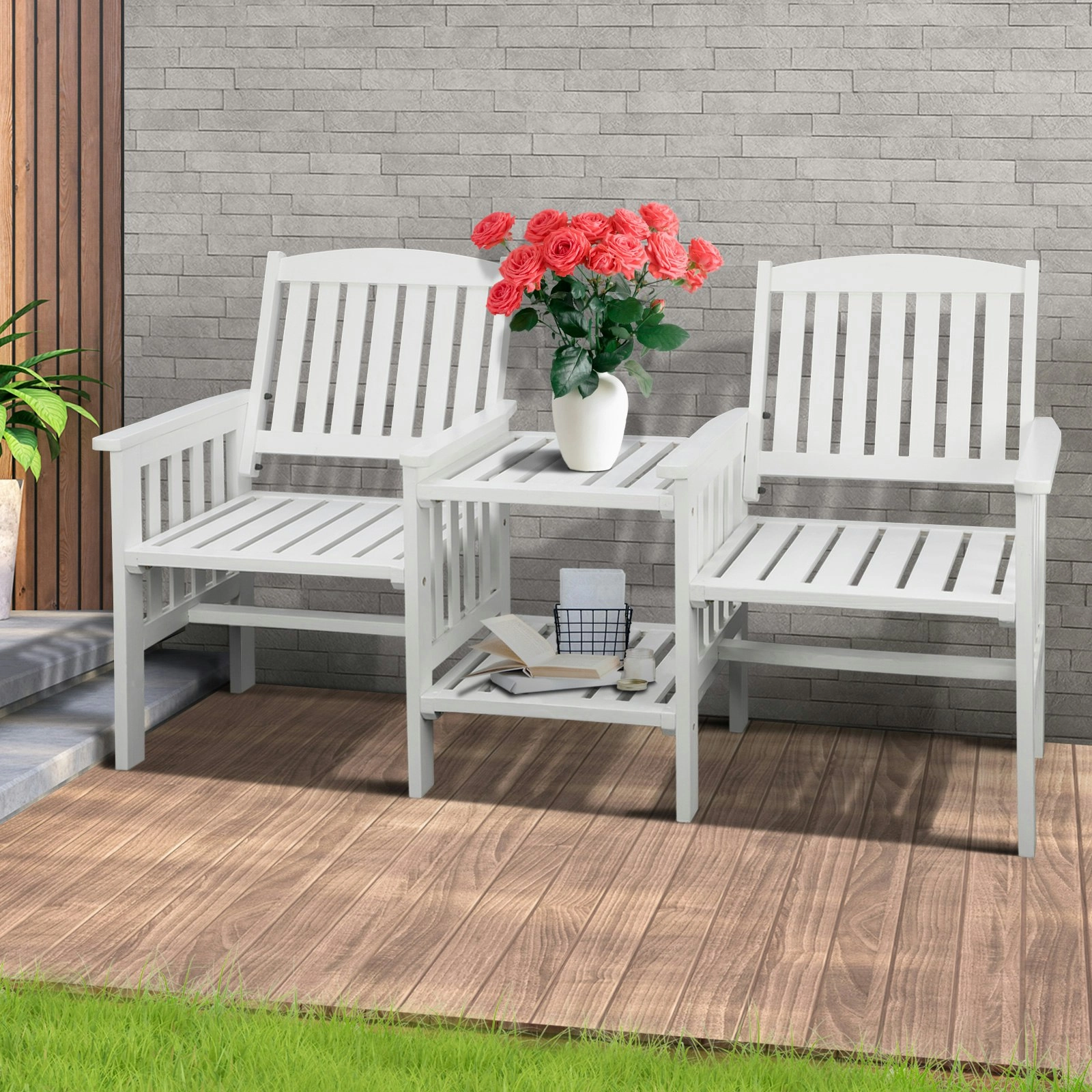 Livsip Wooden Garden Bench 2 Seat Chair & Table Outdoor Park Patio Furniture