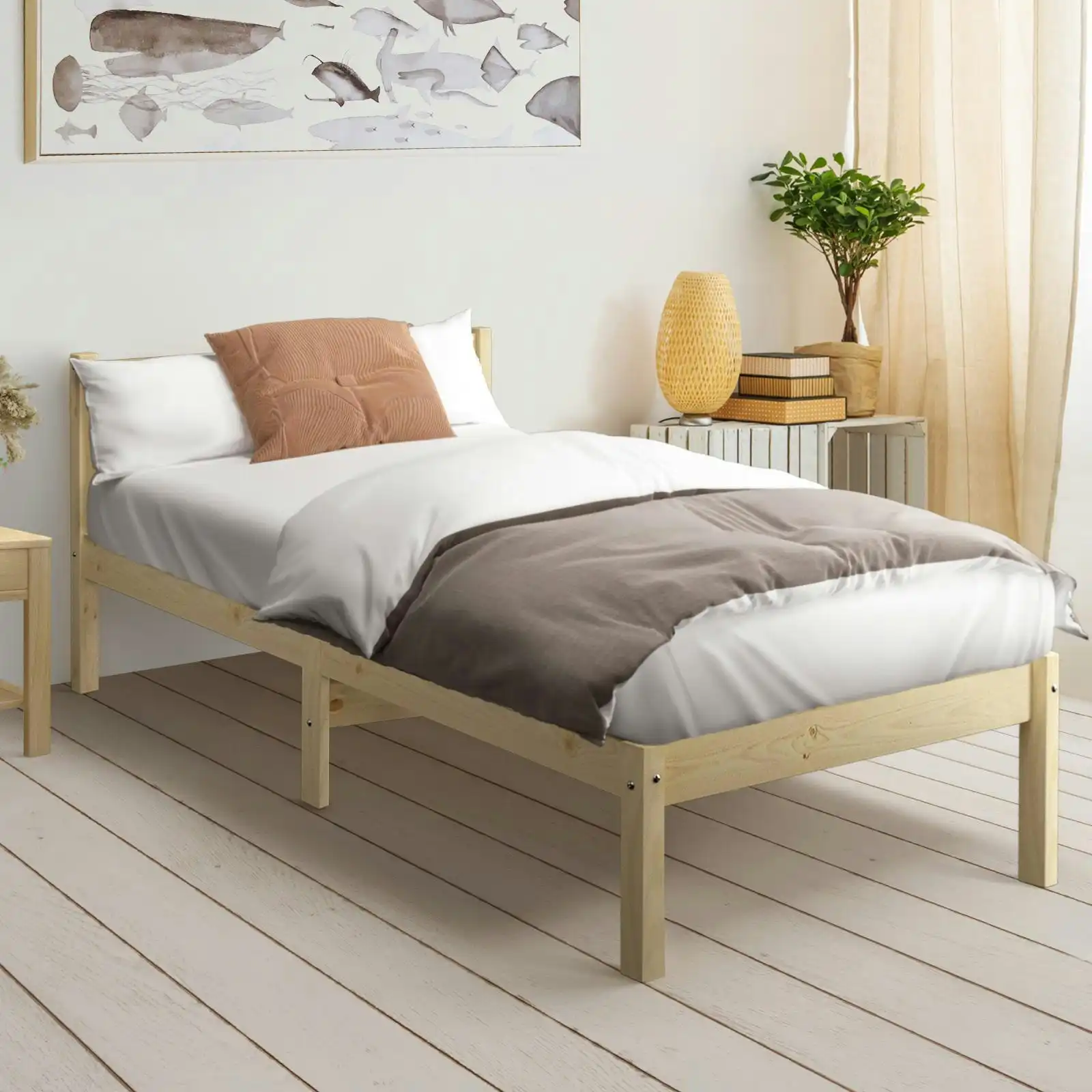 Oikiture Bed Frame Single Size Wooden Kids Bed Timber Mattress Base Platform