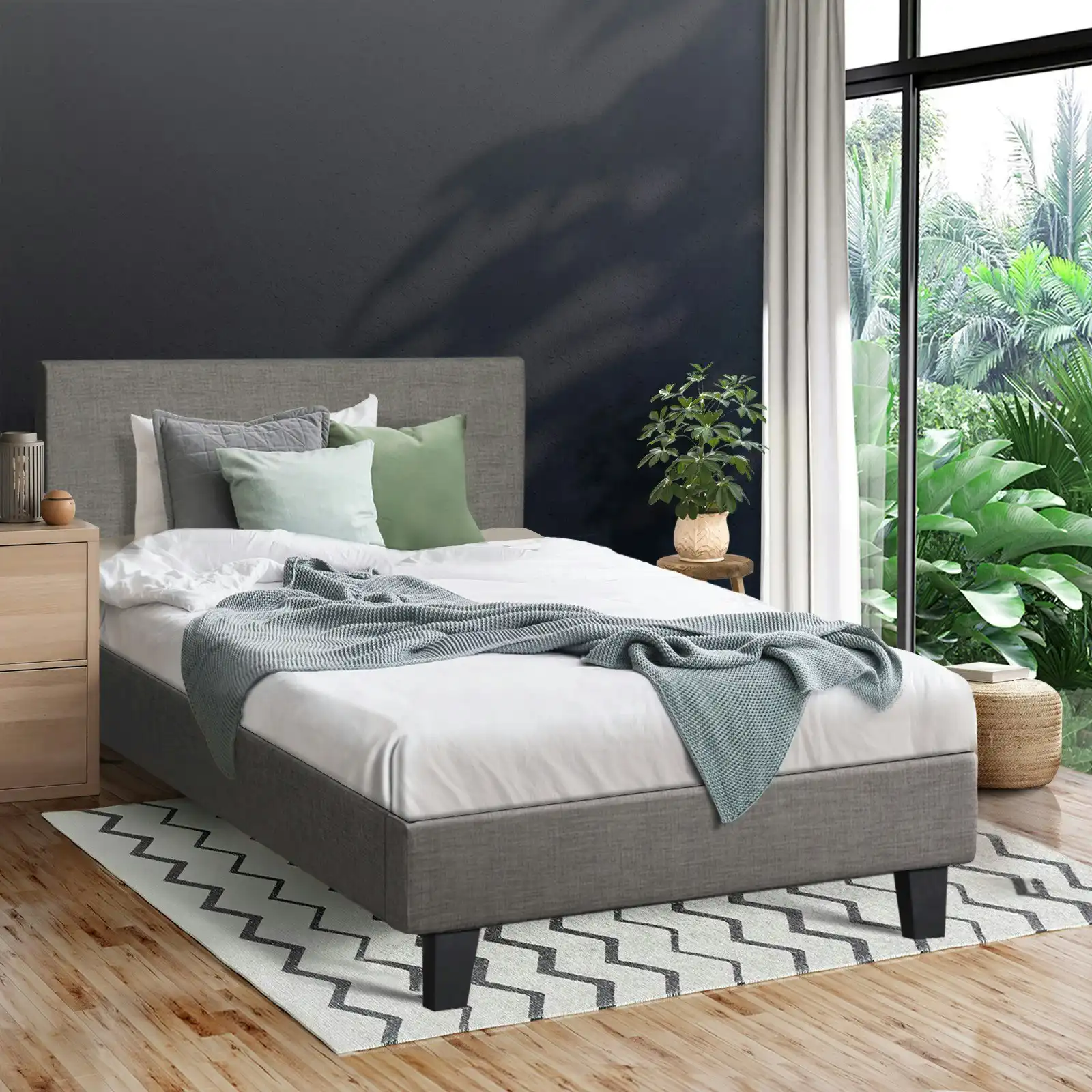 Oikiture Bed Frame King Single Size Mattress Base Platform Wooden Slats Fabric